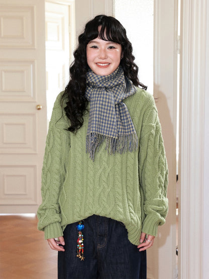 "Grass & Wood Flute" Sheep Wool Cable Pullover Sweater knitwear Retro Casual【s0000014750】