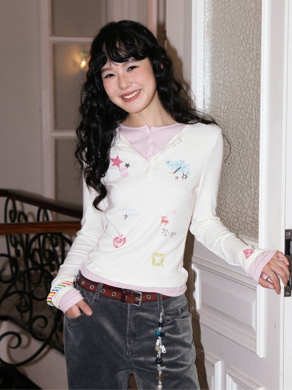 "Crushed Sugar" Fake Two Printed Slim Long-Sleeved T-Shirts【s0000014751】