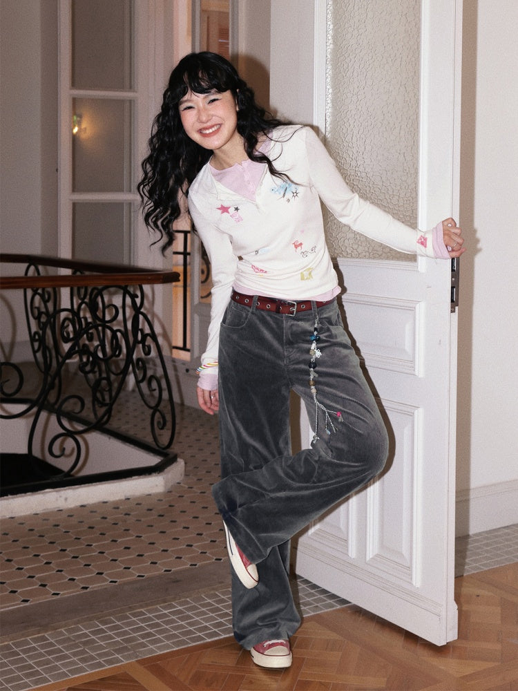 "Crushed Sugar" Fake Two Printed Slim Long-Sleeved T-Shirts【s0000014751】