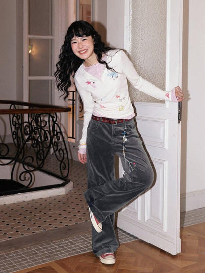 "Crushed Sugar" Fake Two Printed Slim Long-Sleeved T-Shirts【s0000014751】