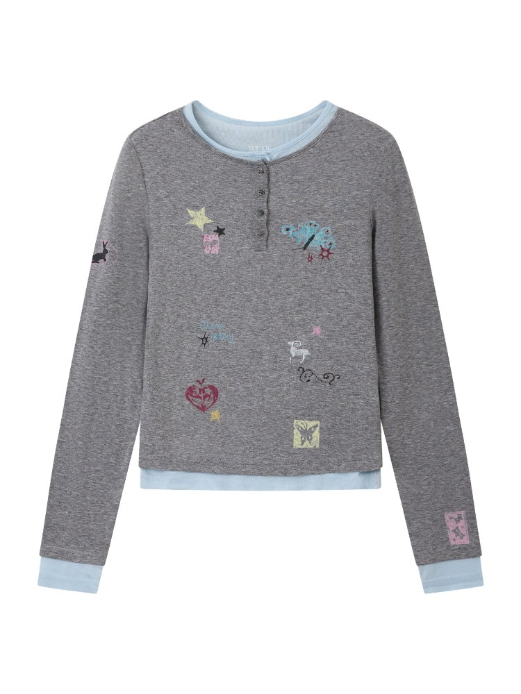 "Crushed Sugar" Fake Two Printed Slim Long-Sleeved T-Shirts【s0000014751】