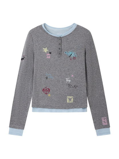 "Crushed Sugar" Fake Two Printed Slim Long-Sleeved T-Shirts【s0000014751】