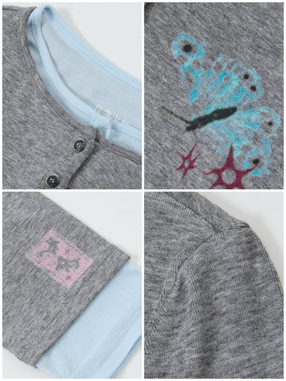 "Crushed Sugar" Fake Two Printed Slim Long-Sleeved T-Shirts【s0000014751】