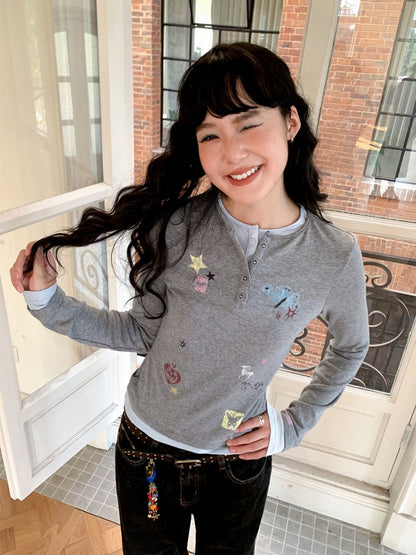 "Crushed Sugar" Fake Two Printed Slim Long-Sleeved T-Shirts【s0000014751】