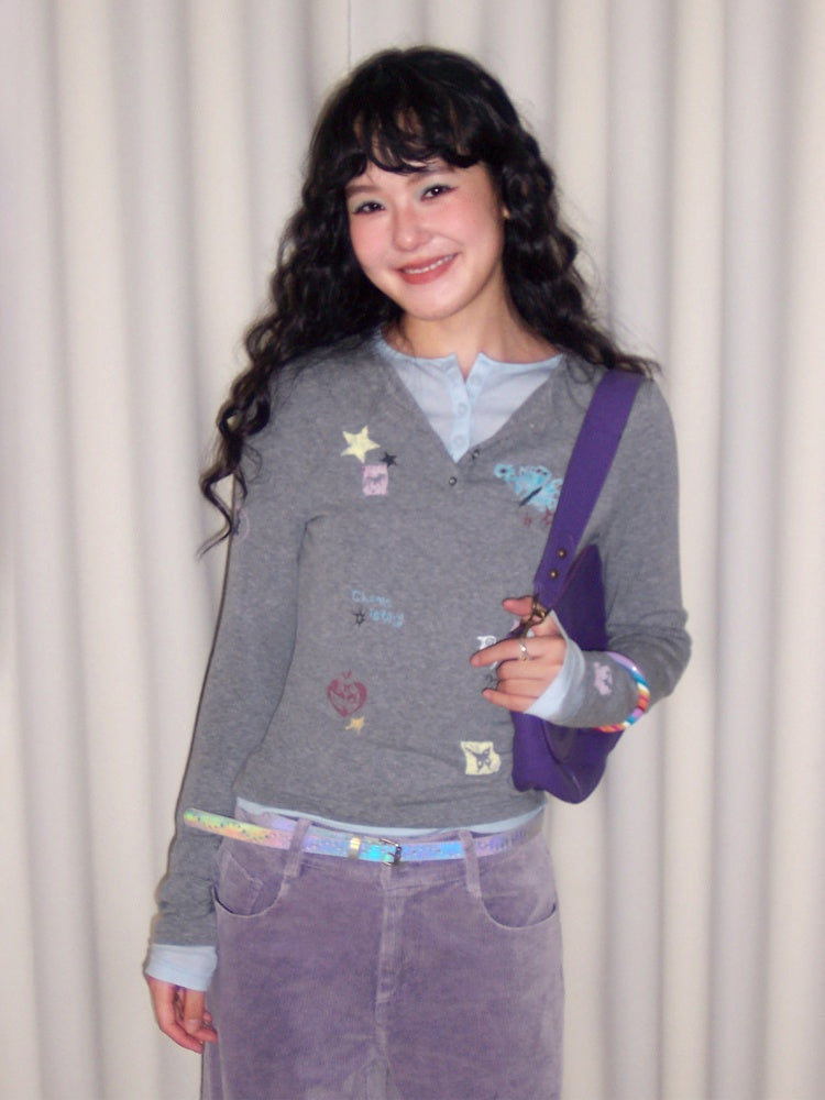 "Crushed Sugar" Fake Two Printed Slim Long-Sleeved T-Shirts【s0000014751】