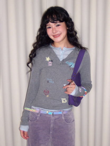 "Crushed Sugar" Fake Two Printed Slim Long-Sleeved T-Shirts【s0000014751】