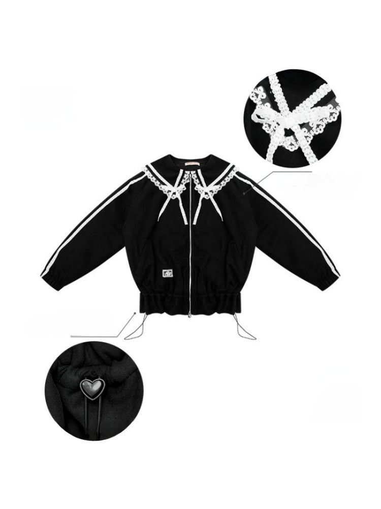 American Vintage Design Sense Lace Splicing Navy Collar Thickened Cotton Jacket【s0000014753】