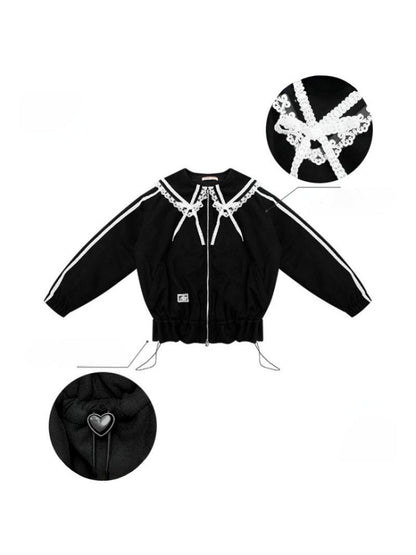 American Vintage Design Sense Lace Splicing Navy Collar Thickened Cotton Jacket【s0000014753】