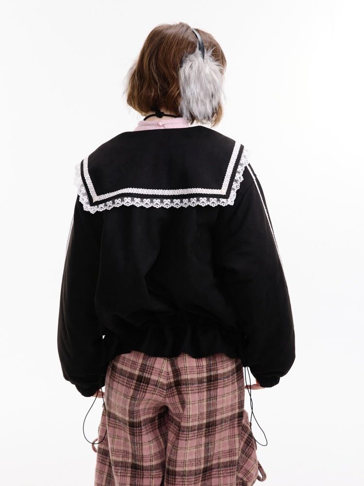 American Vintage Design Sense Lace Splicing Navy Collar Thickened Cotton Jacket【s0000014753】