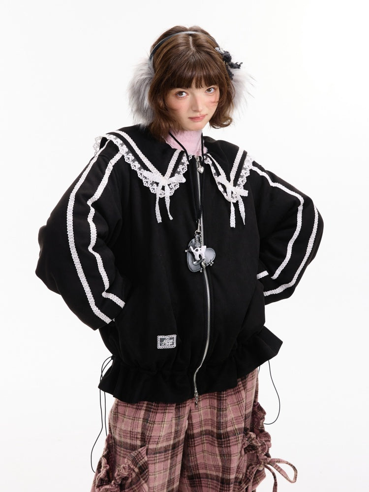 American Vintage Design Sense Lace Splicing Navy Collar Thickened Cotton Jacket【s0000014753】