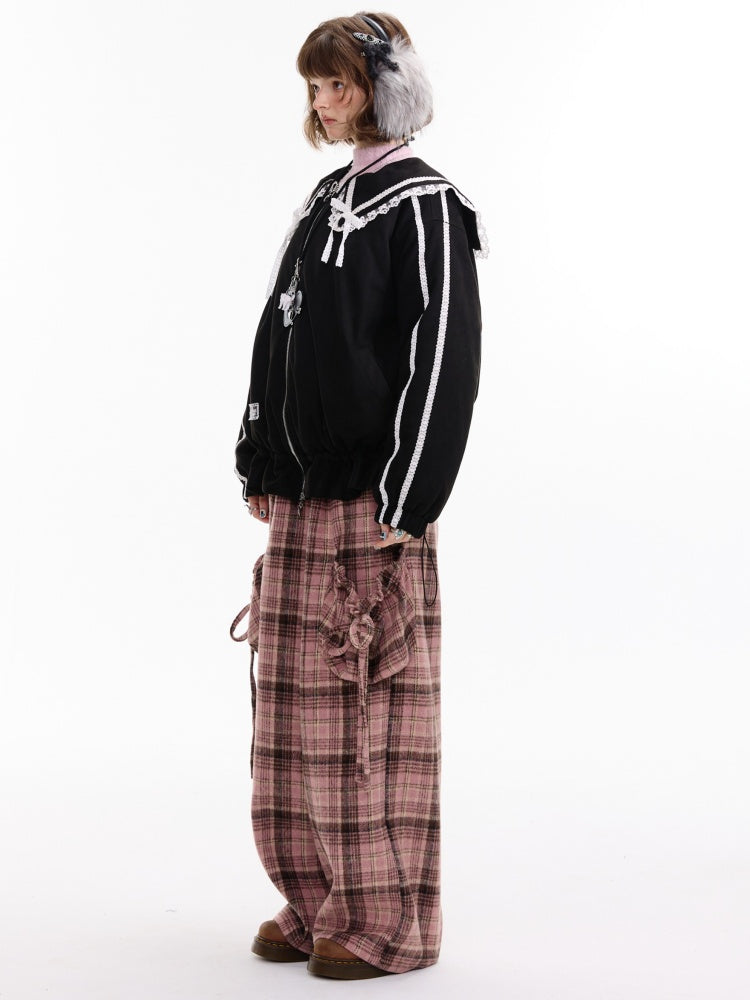 American Vintage Design Sense Lace Splicing Navy Collar Thickened Cotton Jacket【s0000014753】