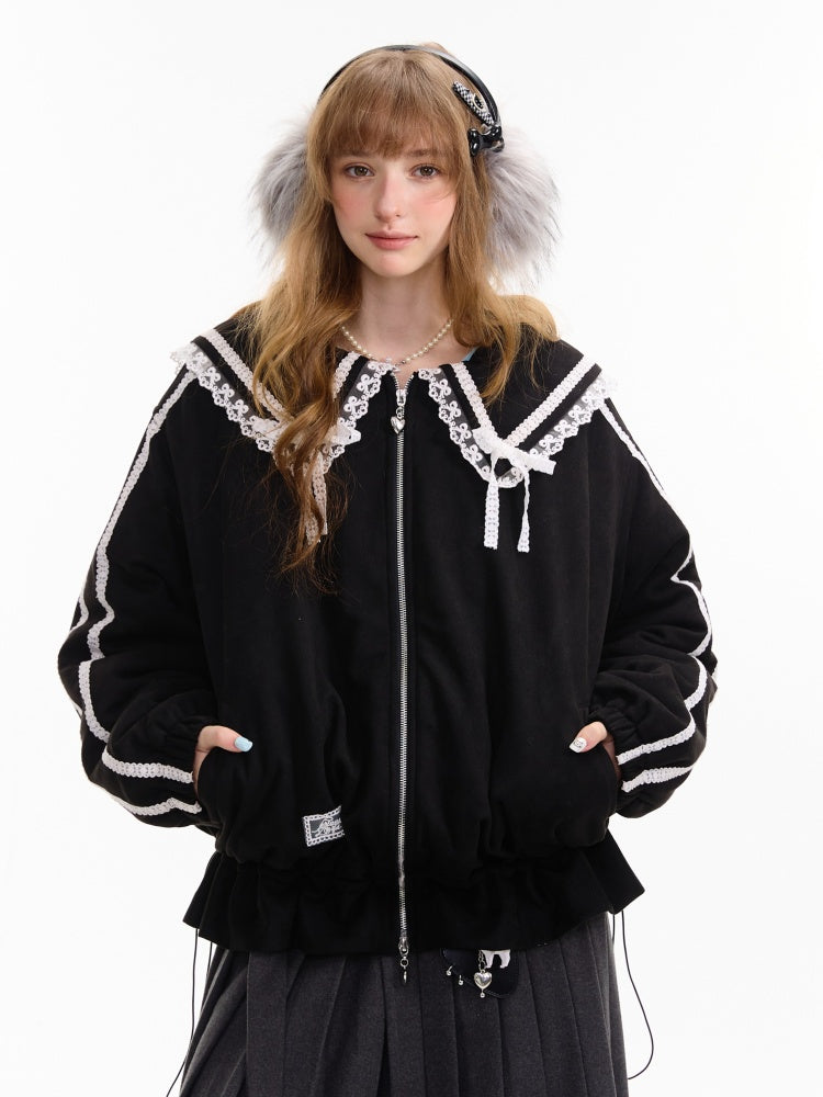 American Vintage Design Sense Lace Splicing Navy Collar Thickened Cotton Jacket【s0000014753】