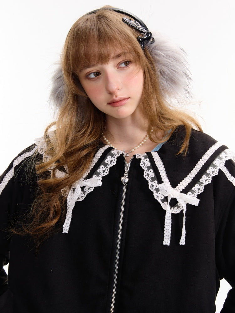 American Vintage Design Sense Lace Splicing Navy Collar Thickened Cotton Jacket【s0000014753】