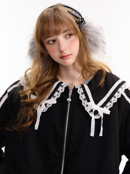 American Vintage Design Sense Lace Splicing Navy Collar Thickened Cotton Jacket【s0000014753】