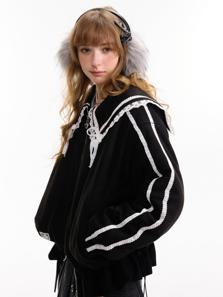 American Vintage Design Sense Lace Splicing Navy Collar Thickened Cotton Jacket【s0000014753】