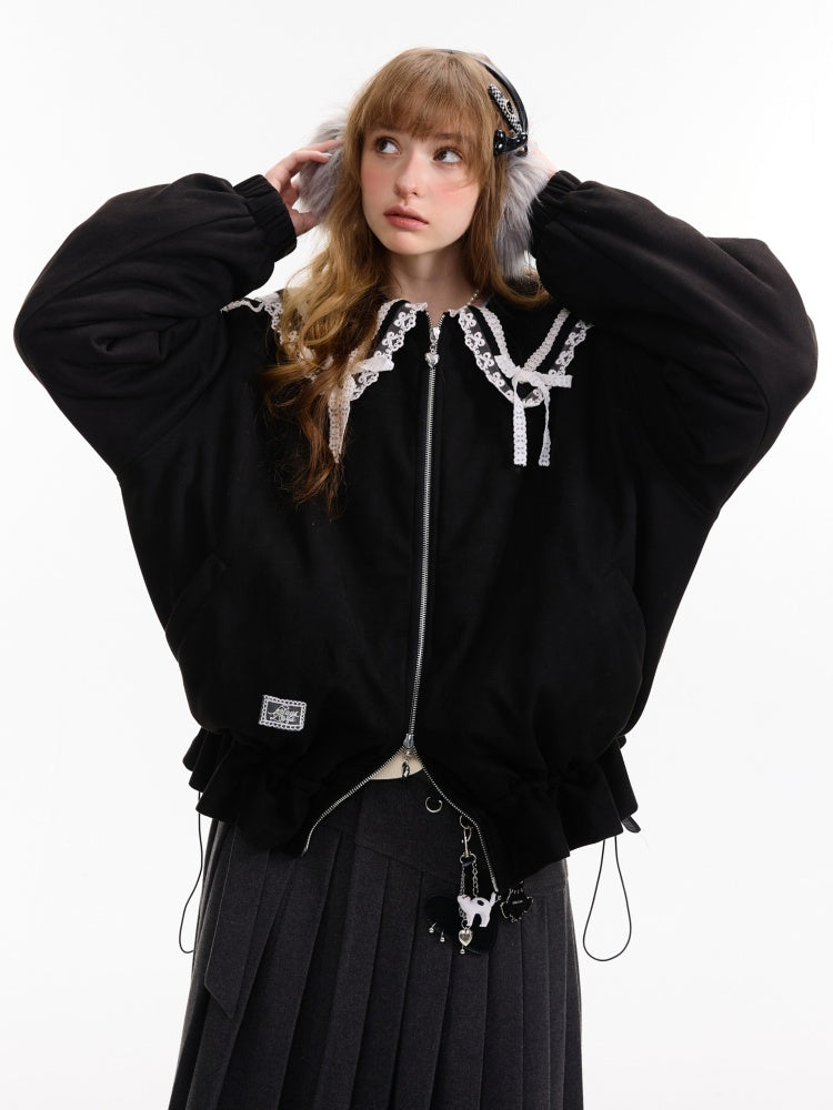 American Vintage Design Sense Lace Splicing Navy Collar Thickened Cotton Jacket【s0000014753】