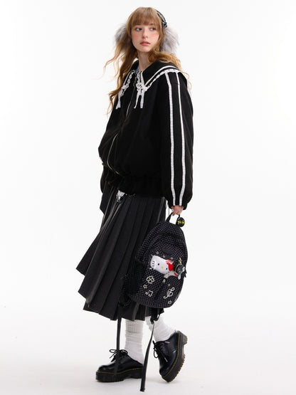 American Vintage Design Sense Lace Splicing Navy Collar Thickened Cotton Jacket【s0000014753】