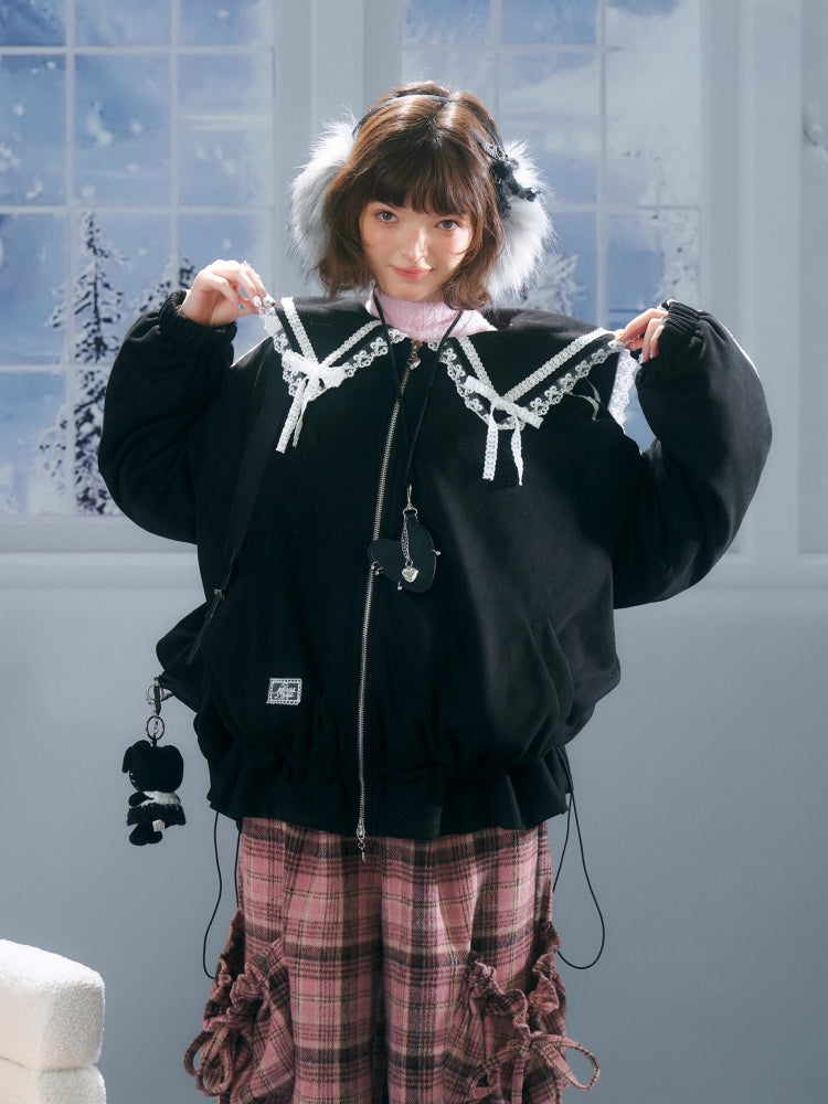 American Vintage Design Sense Lace Splicing Navy Collar Thickened Cotton Jacket【s0000014753】