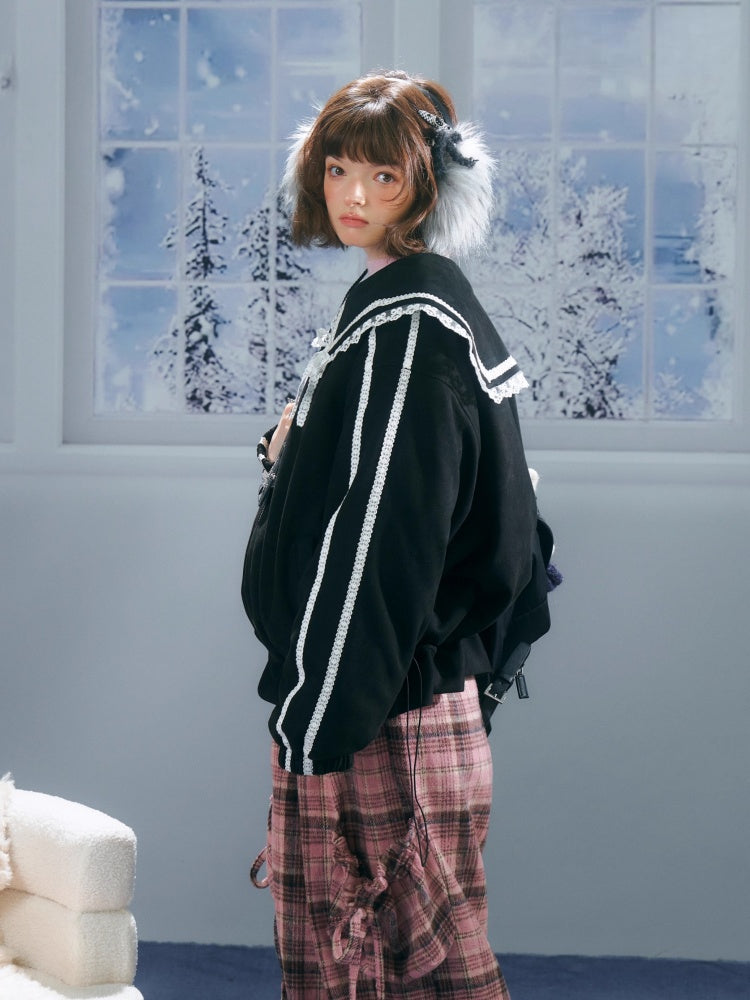 American Vintage Design Sense Lace Splicing Navy Collar Thickened Cotton Jacket【s0000014753】