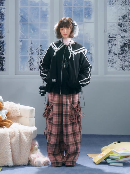 American Vintage Design Sense Lace Splicing Navy Collar Thickened Cotton Jacket【s0000014753】