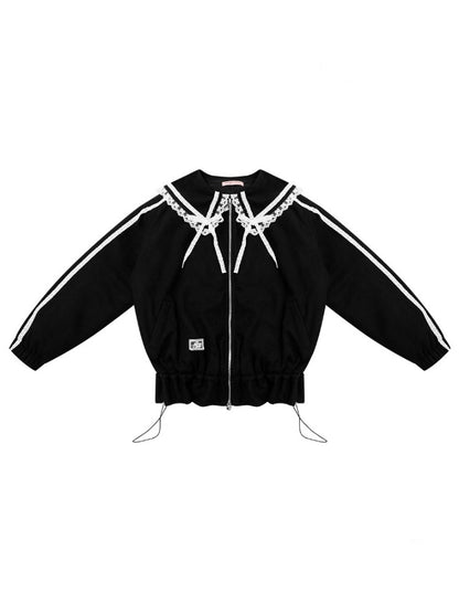 American Vintage Design Sense Lace Splicing Navy Collar Thickened Cotton Jacket【s0000014753】