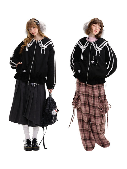 American Vintage Design Sense Lace Splicing Navy Collar Thickened Cotton Jacket【s0000014753】