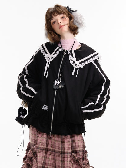 American Vintage Design Sense Lace Splicing Navy Collar Thickened Cotton Jacket【s0000014753】