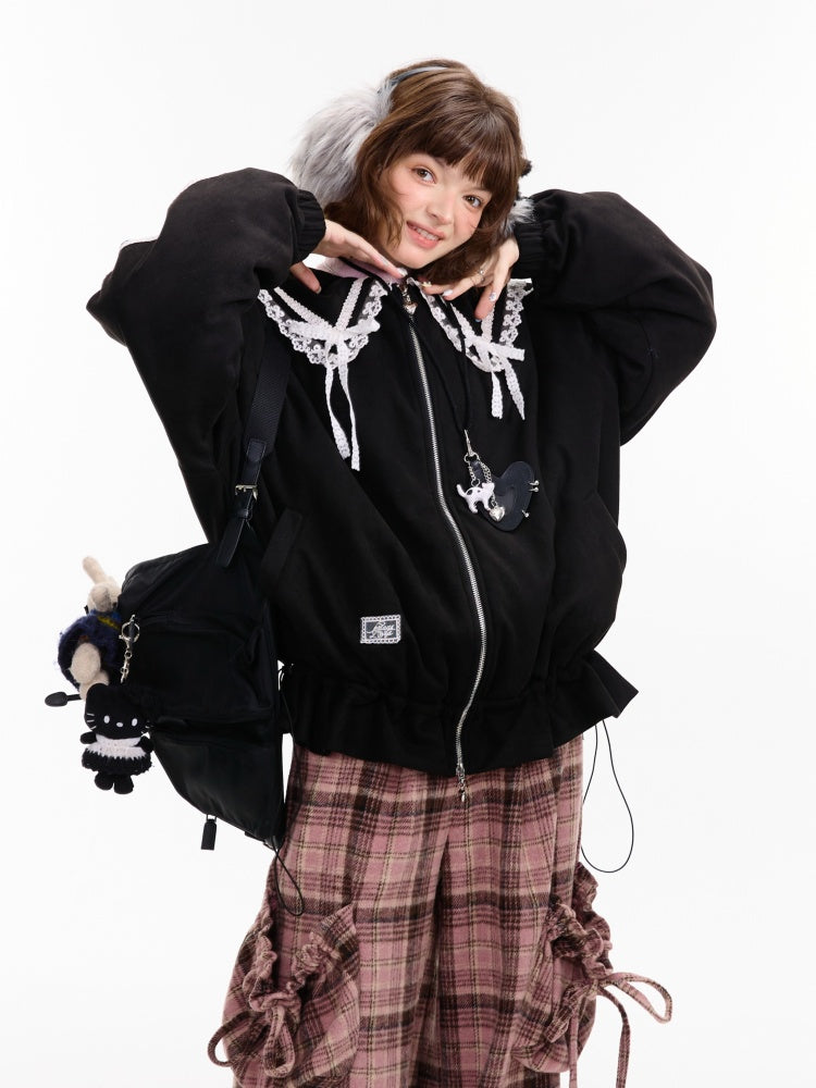 American Vintage Design Sense Lace Splicing Navy Collar Thickened Cotton Jacket【s0000014753】