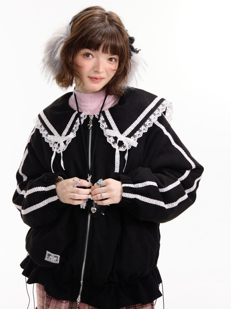 American Vintage Design Sense Lace Splicing Navy Collar Thickened Cotton Jacket【s0000014753】