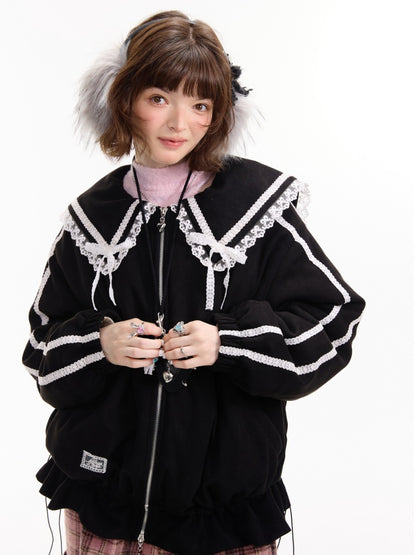 American Vintage Design Sense Lace Splicing Navy Collar Thickened Cotton Jacket【s0000014753】