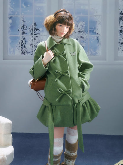 American Retro Design Bow Pocket Hem Mid-Length Woolen Coat Jacket【s0000014754】