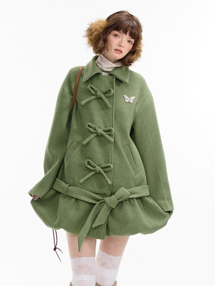 American Retro Design Bow Pocket Hem Mid-Length Woolen Coat Jacket【s0000014754】