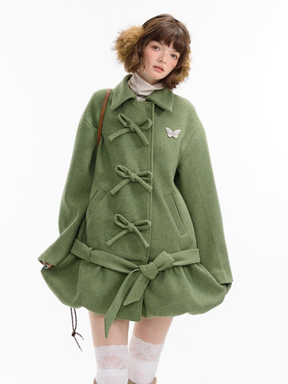 American Retro Design Bow Pocket Hem Mid-Length Woolen Coat Jacket【s0000014754】