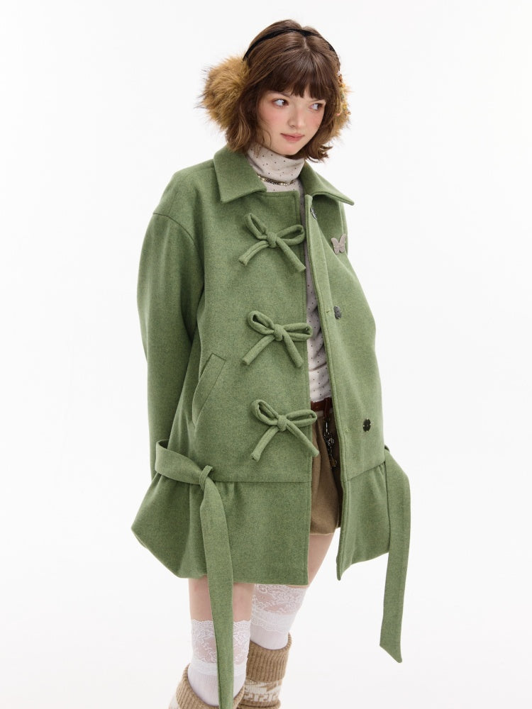 American Retro Design Bow Pocket Hem Mid-Length Woolen Coat Jacket【s0000014754】