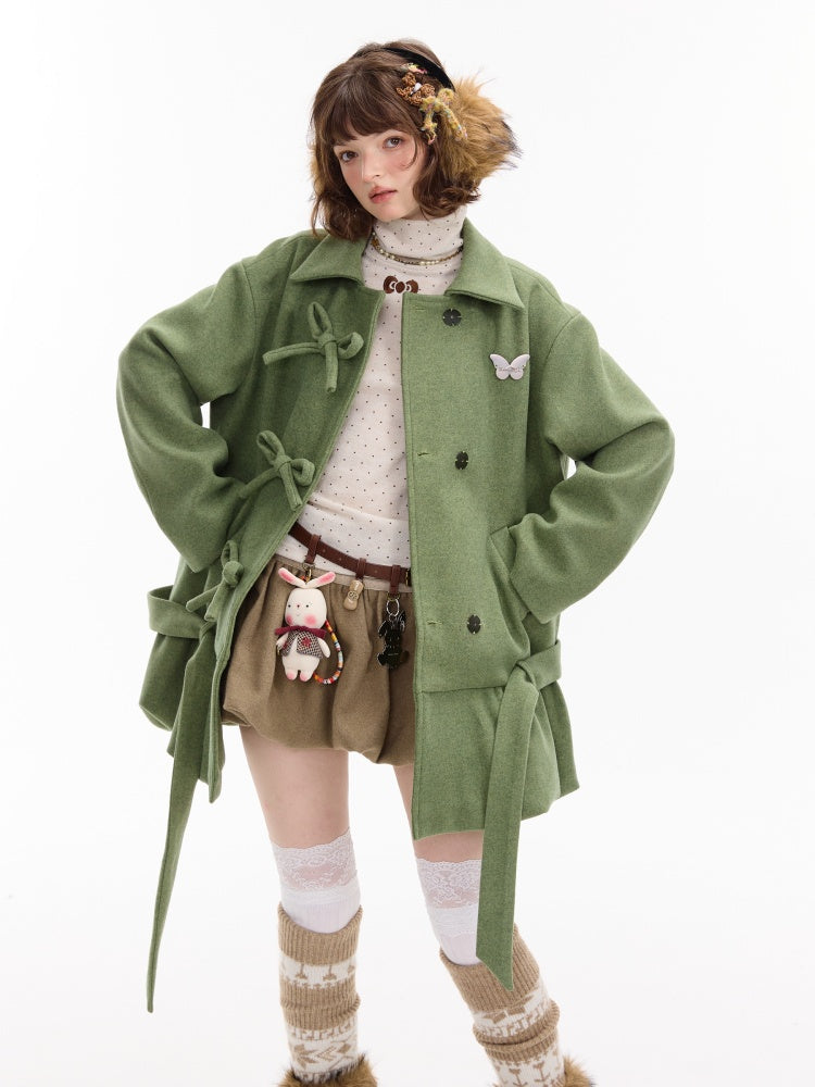 American Retro Design Bow Pocket Hem Mid-Length Woolen Coat Jacket【s0000014754】