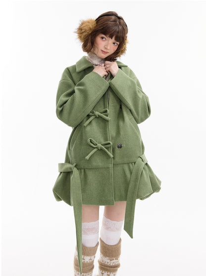American Retro Design Bow Pocket Hem Mid-Length Woolen Coat Jacket【s0000014754】
