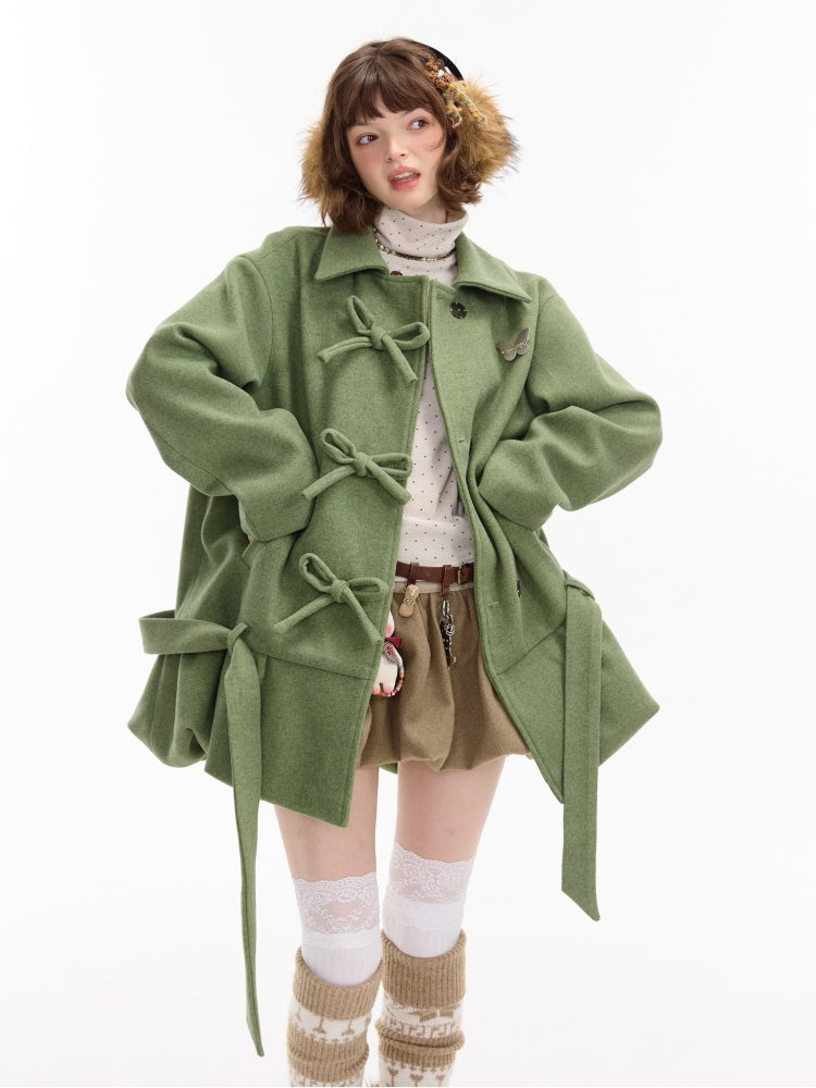 American Retro Design Bow Pocket Hem Mid-Length Woolen Coat Jacket【s0000014754】