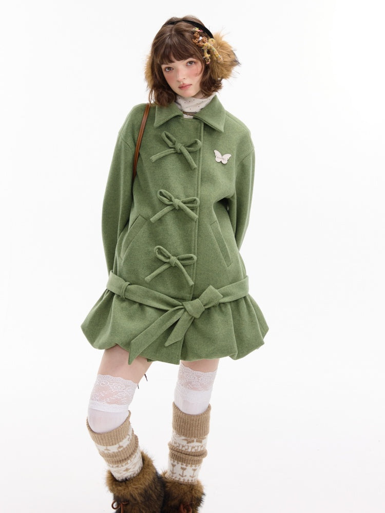American Retro Design Bow Pocket Hem Mid-Length Woolen Coat Jacket【s0000014754】