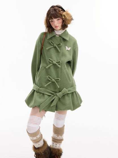 American Retro Design Bow Pocket Hem Mid-Length Woolen Coat Jacket【s0000014754】