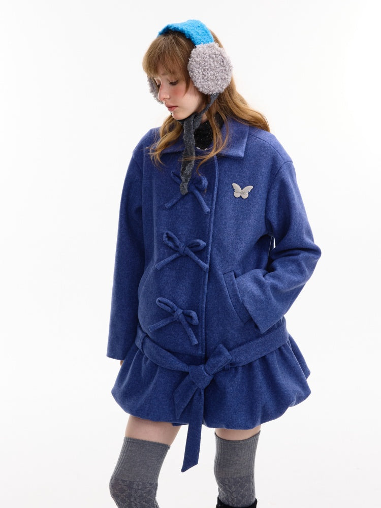 American Retro Design Bow Pocket Hem Mid-Length Woolen Coat Jacket【s0000014754】