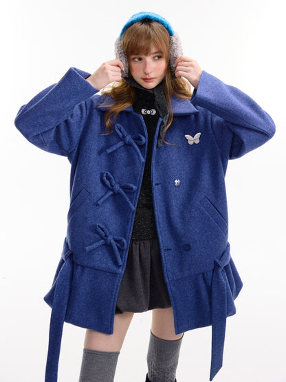American Retro Design Bow Pocket Hem Mid-Length Woolen Coat Jacket【s0000014754】