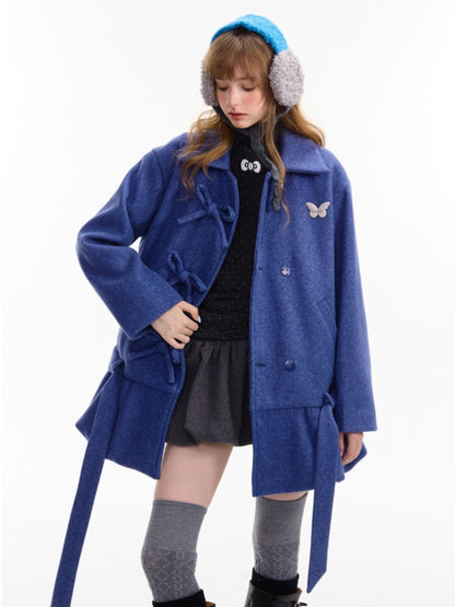 American Retro Design Bow Pocket Hem Mid-Length Woolen Coat Jacket【s0000014754】