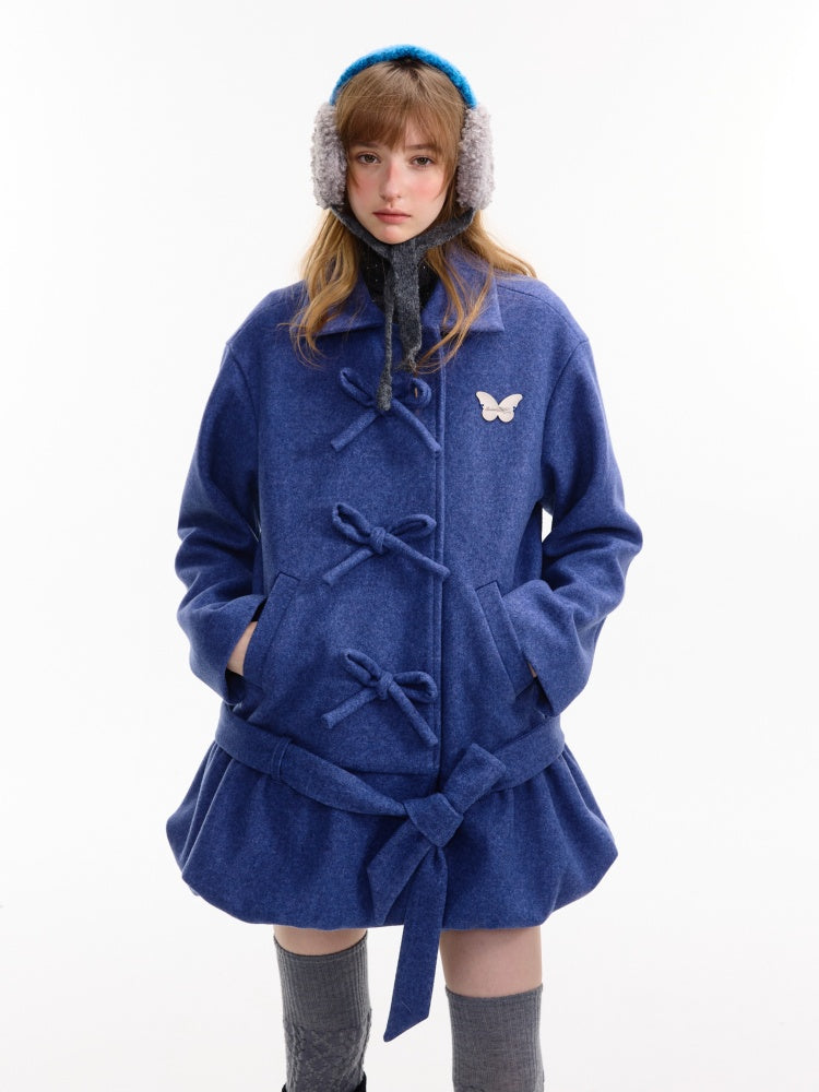 American Retro Design Bow Pocket Hem Mid-Length Woolen Coat Jacket【s0000014754】