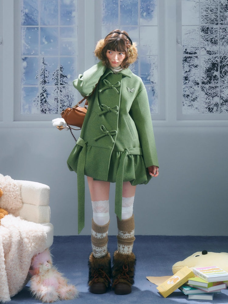 American Retro Design Bow Pocket Hem Mid-Length Woolen Coat Jacket【s0000014754】