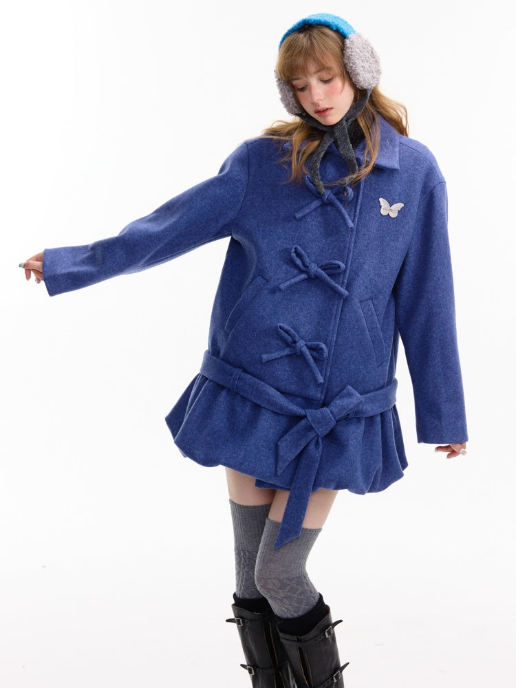 American Retro Design Bow Pocket Hem Mid-Length Woolen Coat Jacket【s0000014754】