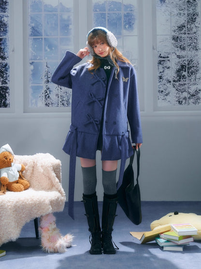 American Retro Design Bow Pocket Hem Mid-Length Woolen Coat Jacket【s0000014754】