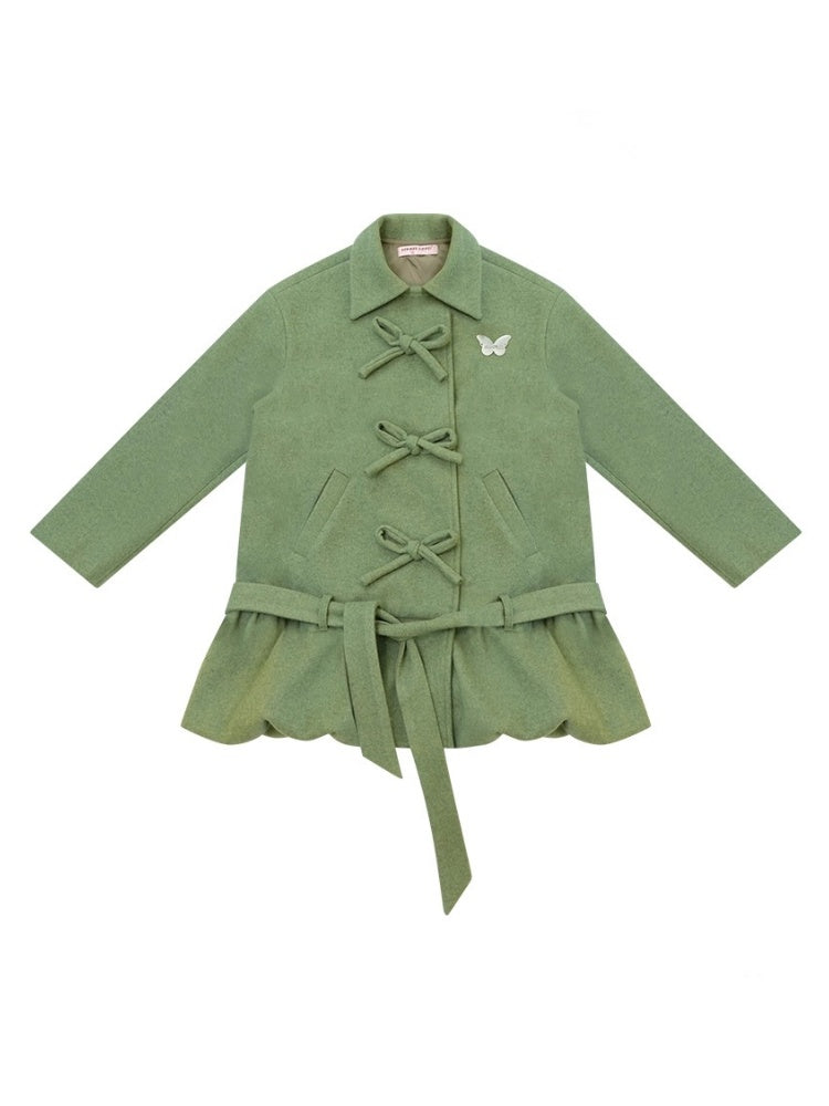 American Retro Design Bow Pocket Hem Mid-Length Woolen Coat Jacket【s0000014754】