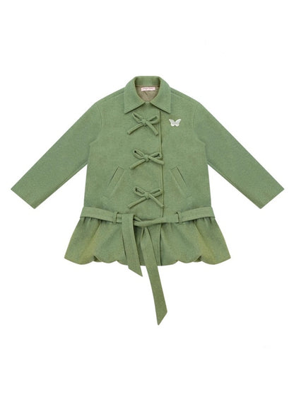 American Retro Design Bow Pocket Hem Mid-Length Woolen Coat Jacket【s0000014754】
