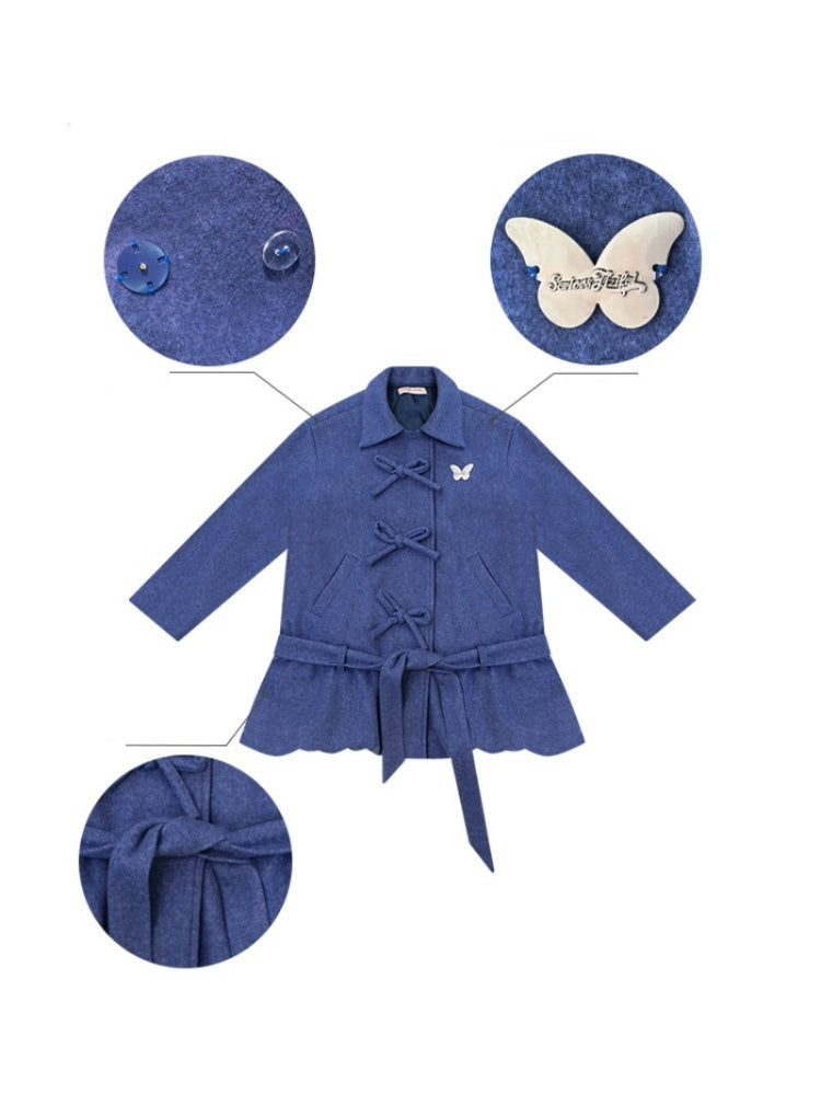 American Retro Design Bow Pocket Hem Mid-Length Woolen Coat Jacket【s0000014754】