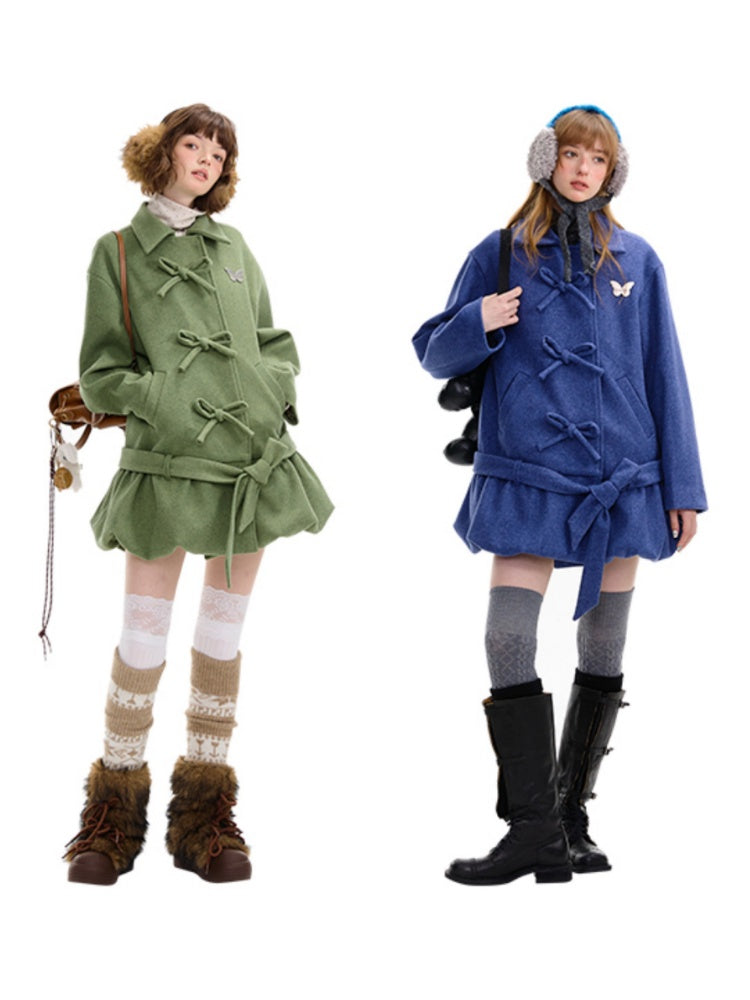 American Retro Design Bow Pocket Hem Mid-Length Woolen Coat Jacket【s0000014754】